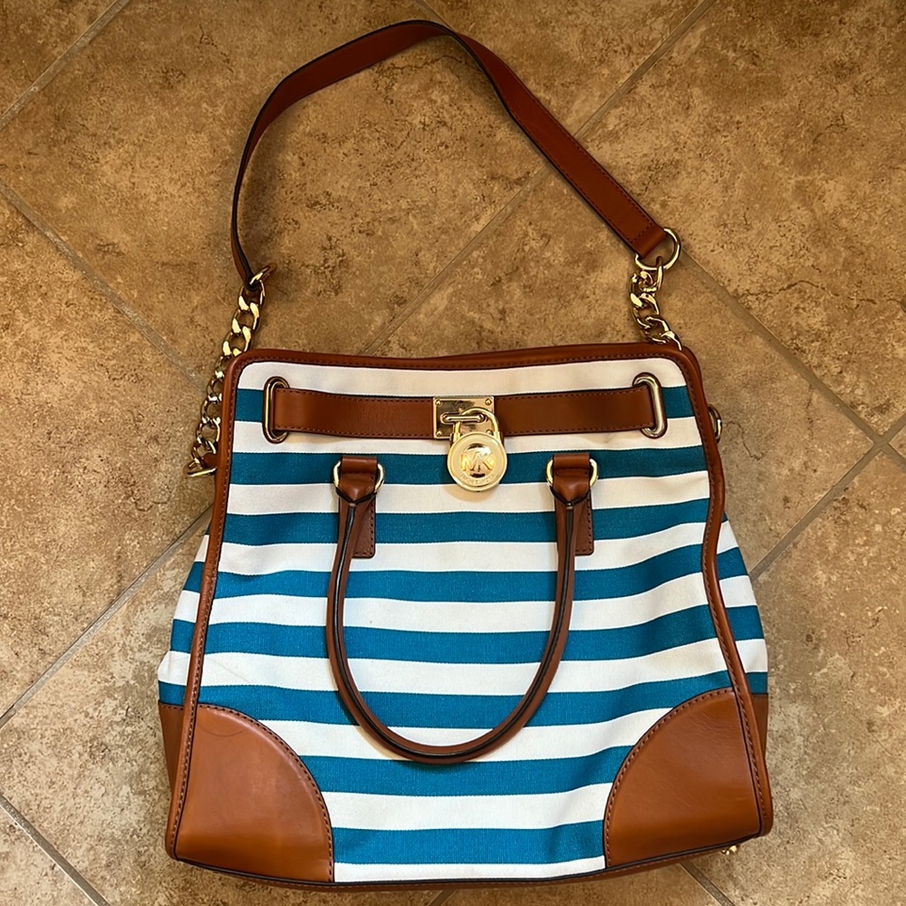 Michael Kors Blue/White Striped Canvas Bag with Brown Leather Trim